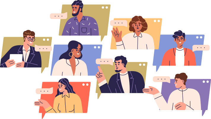 Ensemble d'illustrations représentant des étudiants en train de dialoguer